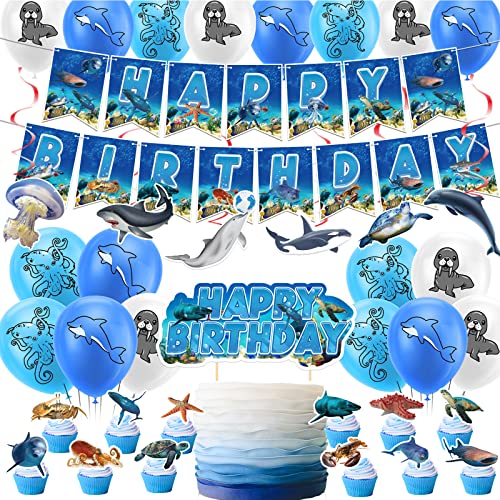 Ocean Sea Party Dekorationen unter dem Meer Tiere Partyzubehör Enthält Ocean Thema Happy Birthday Banner Kuchen Topper Cupcake Topper Spiralen Luftballons von LFCFDX