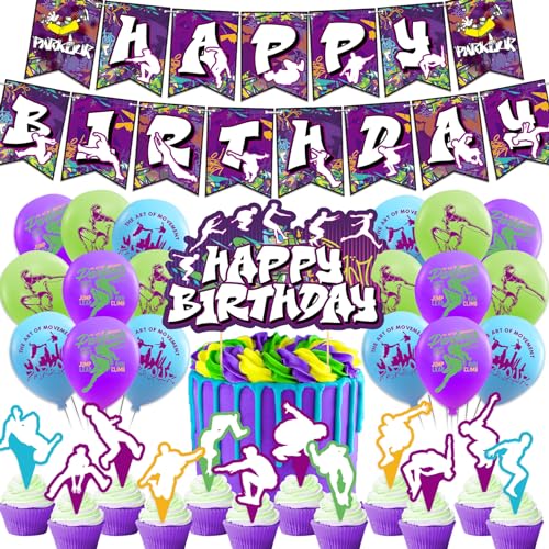 Parkour Party Dekorationen Parkour Geburtstag Party Zubehör Inklusive Parkour Geburtstag Banner Kuchen Topper Cupcake Toppers Ballons für Parkour Geburtstag Dekorationen Party Fans von LFCFDX