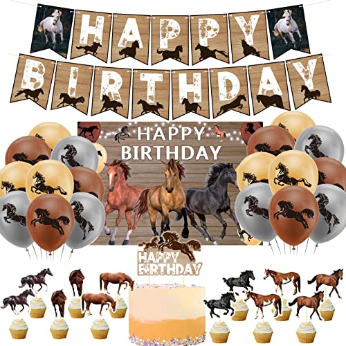 Pferd Geburtstagsparty Zubehör Set mit Pferd Thema Happy Birthday Banner Ballon Kuchen Topper Cupcake Topper Hintergrund für Pferde Party Dekoration von LFCFDX