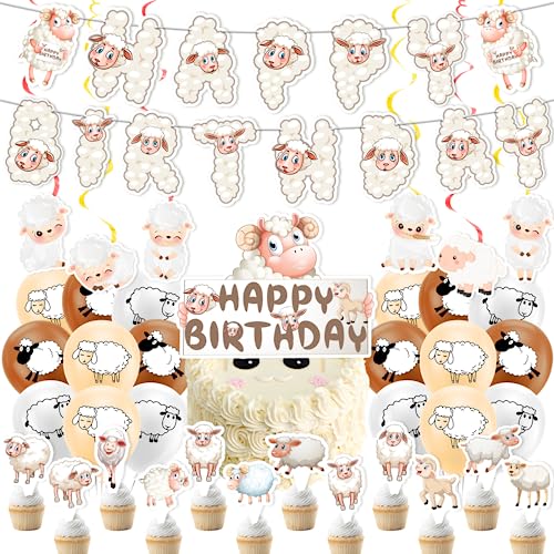 Schafparty-Dekorationen für Schafe Geburtstagsparty inklusive Sheep Happy Birthday Banner Spirals Cake Topper Cupcake Toppers Luftballons von LFCFDX