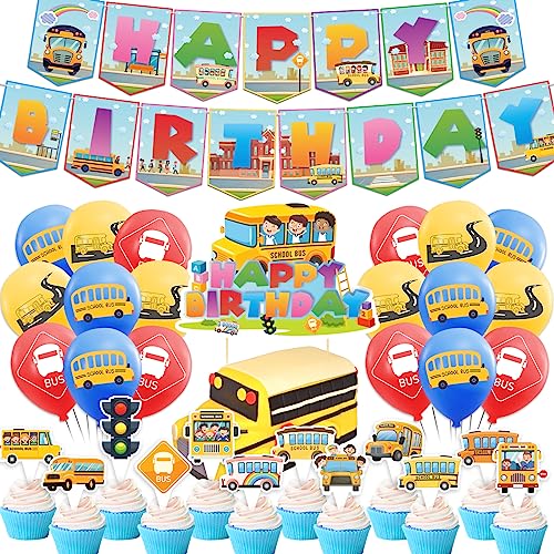 Schulbus Geburtstagsfeier Dekorationen - Happy Birthday Banner, Kuchen Cupcake Toppers, Ballons für Party Bevorzugungen und Zurück zur Schule Zubehör von LFCFDX