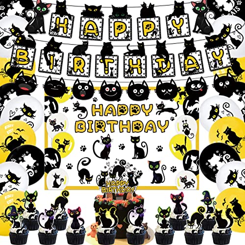 Schwarze Katze Geburtstagsparty-Zubehör Party-Dekorationsset mit Katzenmotiv enthält 5 x 3 Fuß schwarze Katzen-Hintergründe, Katzen-Happy-Birthday-Banner, Tortenaufsatz, Cupcake-Aufsätze, Luftballons von LFCFDX