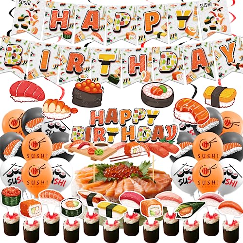 Sushi Party Dekorationen Japanische Geburtstag Party Supplies Enthält Sushi Happy Birthday Banner Kuchen Topper Cupcake Topper Ballons für Sushi Motto Party von LFCFDX