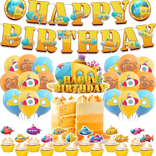 U-Boot Party Dekorationen U-Boot Geburtstag Party Zubehör Inklusive U-Boot Happy Birthday Banner Kuchen Topper Cupcake Toppers Ballons für Ozean Theme Party Baby Dusche Dekorationen von LFCFDX