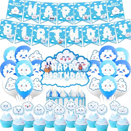 Weiße Wolke Party Dekorationen Wolke Geburtstag Party Supplies Beinhaltet Blue Sky White Cloud Happy Birthday Banner Kuchen Topper Cupcake Toppers Ballons für Wolke Baby Dusche Dekorationen von LFCFDX