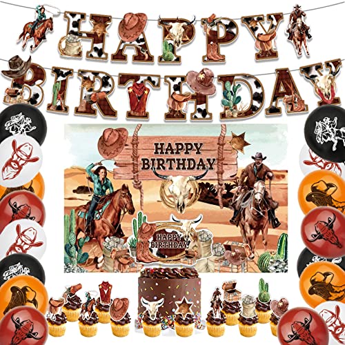 Western Cowboy Geburtstag Party Dekorationen Set mit Western Cowboy Thema Happy Birthday Banner Ballon Kuchen Topper Cupcake Topper Hintergrund für Western Cowboy Party Supplies von LFCFDX