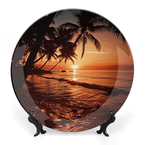 LFDSYEOQ Dusk Tropical Beach Palm Dekorative Teller mit Ständer, Druck Dekorative Keramikplatten für Home Office Wanddekorationen (mit Aufhänger) von LFDSYEOQ