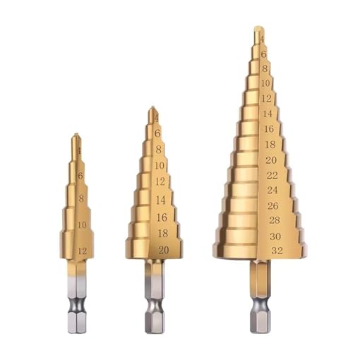 Titanbeschichteter 1/4-Zoll-Sechskantschaft-Stufenbohrer, 4–12 mm/4–20 mm/4–32 mm HSS-Kegellochschneider for Metall, Holz, Kunststoff – 1 Stück(M(4-12mm)) von LFJQFQR