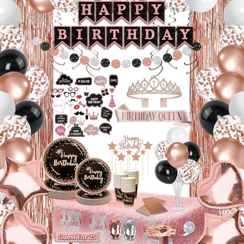 LFSTGN 207 Stück Roségold und Schwarz Geburtstagsdekorationen Geburtstagsdekorationen für Frauen Supplies - Banner, Ballon, Tiara, Schärpe, Foto Requisiten, Geschirr mit Roségold für 25 Gäste von LFSTGN