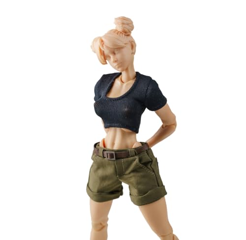 LFWDOCN 1/12 Scale Female Short Sleeve and Shorts Casual Clothes Set for 6inch Female Action Figure Body (Black Tops+Green Casual Shorts) von LFWDOCN