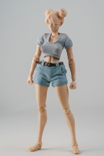 LFWDOCN 1/12 Scale Female Short Sleeve and Shorts Casual Clothes Set for 6inch Female Action Figure Body (Gray Tops+Blue Denim Shorts) von LFWDOCN