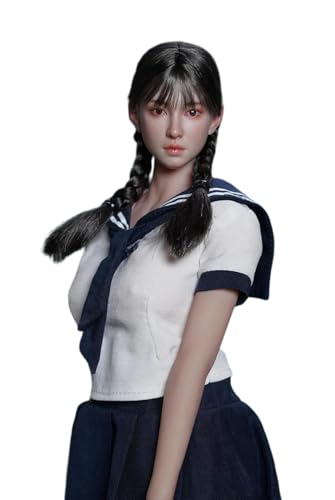 LFWDOCN 1/6 Scale Female Head, Beauty Asian Girl Suntan Skin Planted Hair Head Carved for 12 Inch PH TBL JO Action Figures Body (E) von LFWDOCN