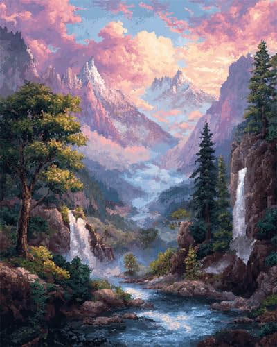 LFYNIORS Handstickerei-Kreuzstich-Sets Bergwald-Wasserfalllandschaft 14Ct Stickpackung Komplette Vorgedruckter Stick-Starter-Sets Stickset Stoff Diy Handarbeiten 30x40cm von LFYNIORS