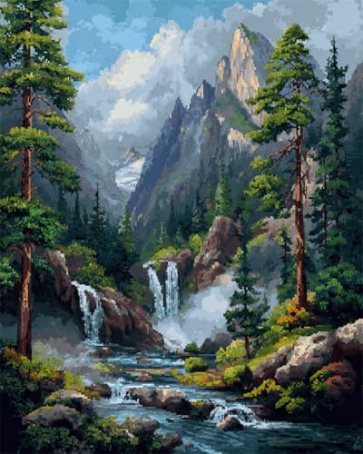 LFYNIORS Kreuzstich Set Anfänger Bergwald-Wasserfalllandschaft 14Ct Stickpackung Komplette Vorgedruckter Stick-Starter-Sets Stickset Stoff Diy Handarbeiten 30x40cm von LFYNIORS