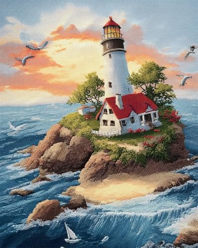 LFYNIORS Kreuzstich Set Anfänger Leuchtturmlandschaft Am Meer 14Ct Diy Vorgedruckt Stickbilder Stickset Handwerk Home Decor Starter-Set Für Wandkunst-Heimdekoration 80x100cm von LFYNIORS