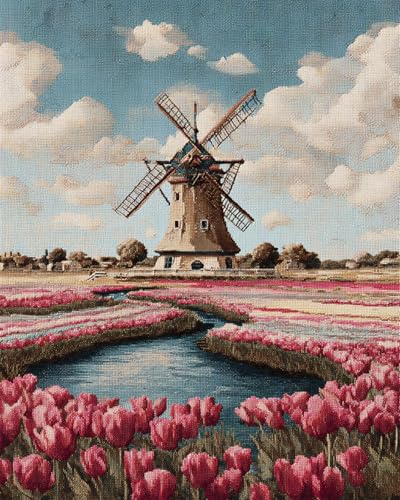 LFYNIORS Kreuzstich Set Kinder Retro-Windmühle Und Blumenlandschaft 14Ct Diy Vorgedruckt Stickbilder Stickset Handwerk Home Decor Starter-Set Für Wandkunst-Heimdekoration 40x50cm von LFYNIORS