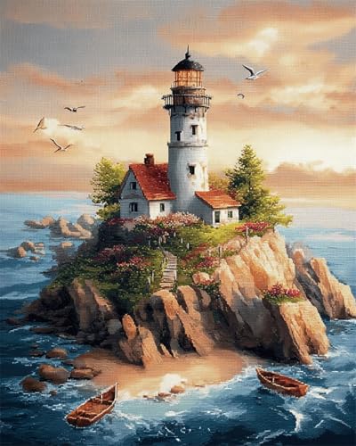 LFYNIORS Kreuzstich Set Vorgedruckt Anfänger Leuchtturmlandschaft Am Meer 14Ct Stickpackung Komplette Vorgedruckter Stick-Starter-Sets Stickset Stoff Diy Handarbeiten 30x40cm von LFYNIORS