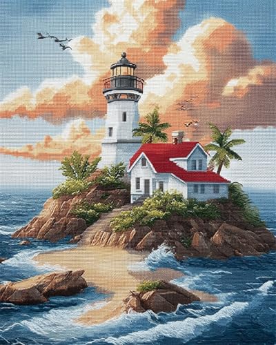 LFYNIORS Kreuzstich Set Vorgedruckt Leuchtturmlandschaft Am Meer 14Ct Stickpackung Komplette Vorgedruckter Stick-Starter-Sets Stickset Stoff Diy Handarbeiten 30x40cm von LFYNIORS