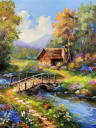 LFYNIORS Kreuzstich-Sets Bunte Waldhütte 14Ct Diy Stickset Gestempelte Kreuzstich-Kits Handarbeiten Muster Für Anfänger Home Decor 50x70cm von LFYNIORS