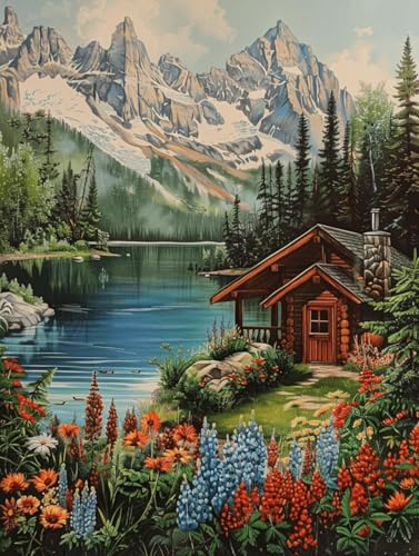 LFYNIORS Kreuzstichpackungen Vorgedruckt Hüttenlandschaft Am Seeufer 14Ct Diy Vorgedruckt Stickbilder Stickset Handwerk Home Decor Starter-Set Für Wandkunst-Heimdekoration 80x100cm von LFYNIORS