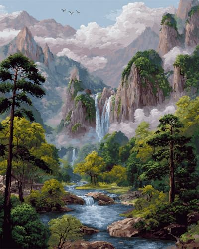 LFYNIORS Stickpackung Kreuzstich Bergwald-Wasserfalllandschaft 14Ct Stickpackung Komplette Vorgedruckter Stick-Starter-Sets Stickset Stoff Diy Handarbeiten 60x80cm von LFYNIORS