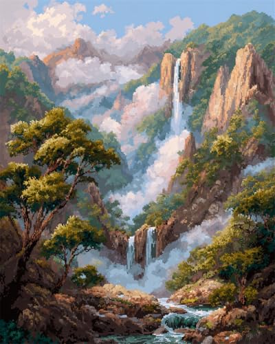 LFYNIORS Vorbedruckte Kreuzstich-Sets Bergwald-Wasserfalllandschaft 14Ct Stickpackung Komplette Vorgedruckter Stick-Starter-Sets Stickset Stoff Diy Handarbeiten 30x40cm von LFYNIORS