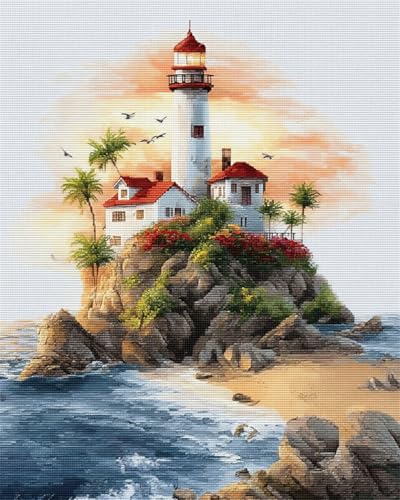 LFYNIORS Vorbedruckte Kreuzstich-Sets Leuchtturmlandschaft Am Meer 14Ct Stickpackung Komplette Vorgedruckter Stick-Starter-Sets Stickset Stoff Diy Handarbeiten 30x40cm von LFYNIORS