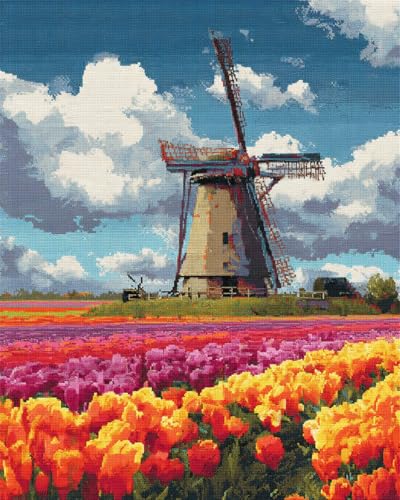 LFYNIORS Zählbare Kreuzstich-Sets Retro-Windmühle Und Blumenlandschaft 14Ct Diy Vorgedruckt Stickbilder Stickset Handwerk Home Decor Starter-Set Für Wandkunst-Heimdekoration 40x50cm von LFYNIORS