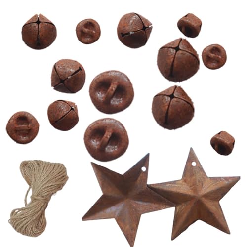 95-teiliges Set mit rostigen Glöckchen und Sternen, 3 verschiedene Größen (1,2, 1,5, 2,5 cm) und 4 cm rostige Sterne und 10 m Juteseil für Weihnachten, Basteln, Urlaubsdekoration von LGEGE