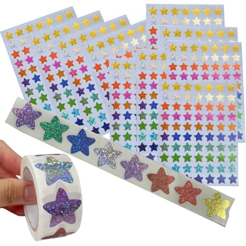 LGIFUTMAX 1200 Stück Sterne Aufkleber,Sternaufkleber 700 Stück 15MM 500 Stück 25MM Bunt Belohnung für Kinder Selbstklebend Glitzer Sticker für DIY Scrapbooking Dekoration von LGIFUTMAX