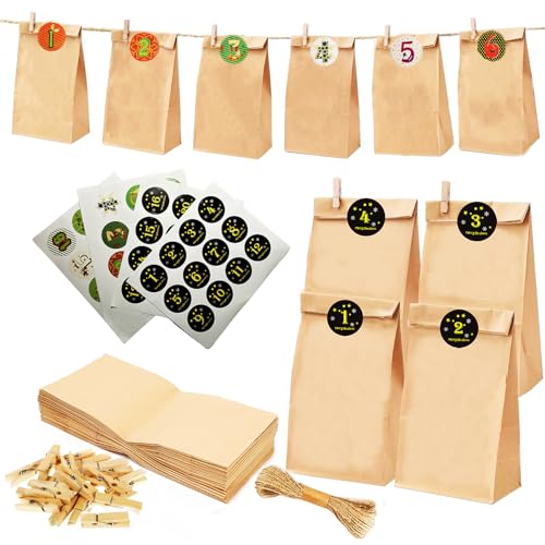 LGIFUTMAX® Adventskalender 2025 zum Befüllen,24 Papiertüten Weihnachten,Zahlen Aufkleber,Holz Klammern,Juteschnur Adventskalender selber basteln,Geschenktüten zum Basteln und Verschenken kinder von LGIFUTMAX