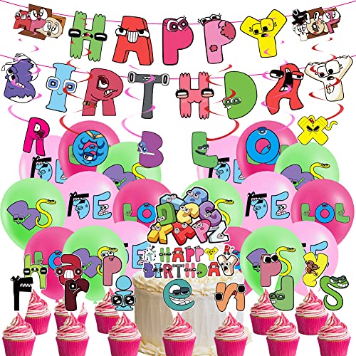 Alphabet Lore Geburtstagsparty Deko, Buchstabe Geburtstagsdeko Latex Luftballon Set, Kinder Party Deko Happy Birthday Banner, Anime Thema de Deko Geburtstag Tortendeko für Kindergeburtstag Dekoration von LGQHCE