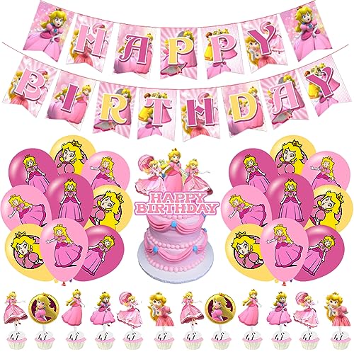 LGQHCE Princess Peach Geburtstag Deko, Prinzessin Pfirsich Luftballons Party Dekorationen, Prinzessin Pfirsich Thema Banner Cake Topper Ballons Kindergeburtstag Party Supplies von LGQHCE