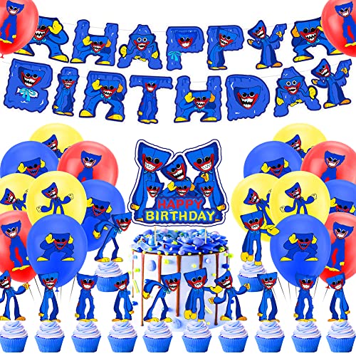 Poppy Birthday Party Decorations Supplies Horror Game Theme Geburtstagsparty Geburtstag Party Supplies Set Banner Balloons Cupcake Topper für Kinder Jungen 32Pcs von LGQHCE