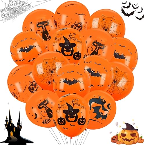 Halloween Luftballons Orange, 60 Stück 12 Zoll Halloween Dekoration Ballons, Latex Helium Ballons Decorations, Kürbis Geist Katze Spinnennetz Fledermaus Ballon für Kinder Halloween Party von LGZIN