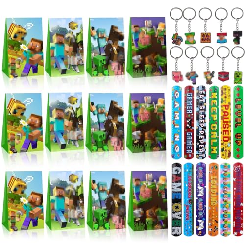 LGZIN 34PCS Spiel Party Mitgebsel Geburtstagsdeko, 12 Stück Geschenktüten, 10 Stück Spiel Schlüsselanhänger, 12 Stück Kinder Slap Armbänder, Gamer Mitgebsel, Spiel Kindergeburtstag Party Mitgebsel von LGZIN