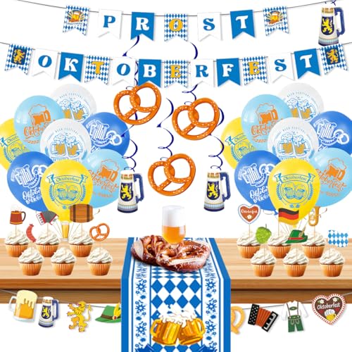 Oktoberfest Deko Set, Bayerische Deko Party, 16 Oktoberfest Luftballons + Wimpelkette + Girlande + Tischläufer + 12 Cake Topper + Hängende Strudel Dekorationen, Bayrische Dekoration Accessoires Oktoberfest Deko Set, Bayerische Deko Party, 16 Oktoberfest Luftballons + Wimpelkette + Girlande + Tischläufer + 12 Cake Topper + Hängende Strudel Dekorationen, Bayrische Dekoration Accessoires von LGZIN