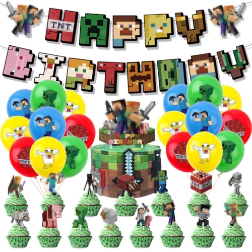 Miner Gamer Thema Party Dekoration, 37pcs Spiel Partyzubehör Set enthält Luftballons Happy Birthday Banner Cupcake Topper, Dekorationen für Kindergeburtstage, Luftballons Geburtstag Set von LGZIN