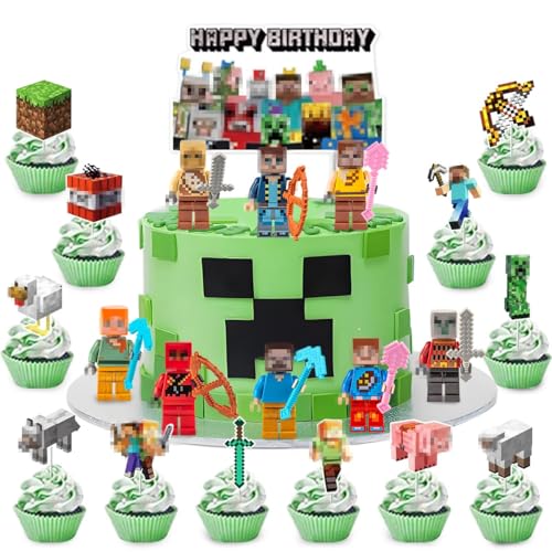 33 Stück Tortendeko, Pixel Cupcake Topper Deko und Tortendeko Figuren, Pixel Geburtstag Deko, Happy Birthday Kuchendeko, Muffin Deko, Geburtstag Party Kuchen Dekoration Supplies für Kinder von LGZIN