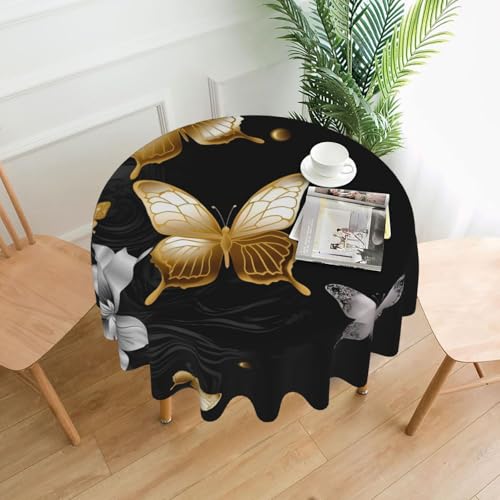 LHDGBNV Runde Tischdecken mit goldfarbenen weißen Schmetterlingen, schwarz, 152,4 cm, wasserdicht, flecken- und knitterfrei, runde Tischdecke, Bauernhaus-Tischdecke für Picknick, Party, Esszimmer LHDGBNV Runde Tischdecken mit goldfarbenen weißen Schmetterlingen, schwarz, 152,4 cm, wasserdicht, flecken- und knitterfrei, runde Tischdecke, Bauernhaus-Tischdecke für Picknick, Party, Esszimmer von LHDGBNV