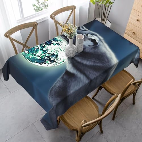 LHDGBNV Wolf Under Moon Tischdecken für rechteckige Tische, flecken- und knitterfrei, waschbar, moderne Küchentischdecke für Küche, Esszimmer, Picknick, Party-Dekoration, 140 x 89 cm von LHDGBNV