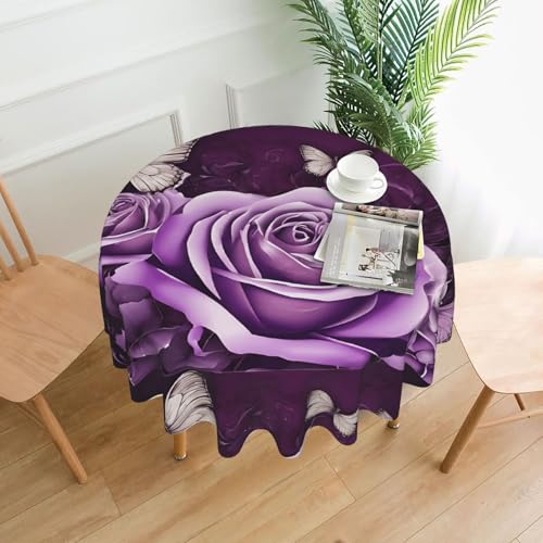 LHFIOHIRG Runde Tischdecke, 152 cm, knitterfrei, waschbar, Tischdecke für Küche, Esszimmer, Urlaub, Party, Picknick (Purple Butterfly) von LHFIOHIRG