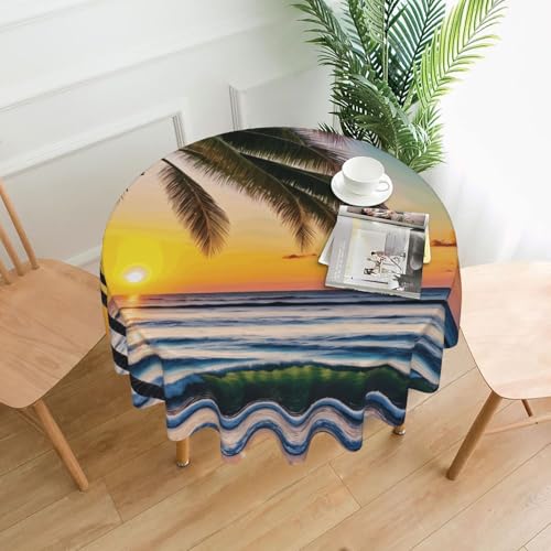 LHFIOHIRG Runde Tischdecke (Strand Palmen Sonnenuntergang) 152cm knitterfrei waschbar Tischdecke für Küche Esszimmer Urlaub Party Picknick von LHFIOHIRG