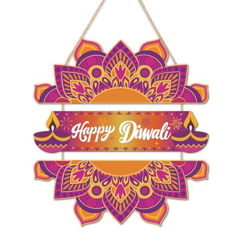 LHIUEM Happy Diwali Holzschilder, indisches Festival der Lichter, Türdekoration, Set mit 3 (10,2 x 27,9 cm) indischen Kranz, Girlande, Dewalee Holz-Wandbehang, Diya Lotus, Türhänger von LHIUEM