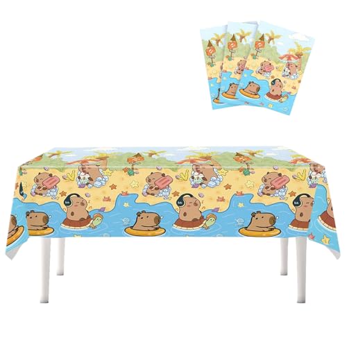 LHLZNB Capybara-Tischdecke, Party-Tischdecke, für Jungen und Mädchen, wasserdicht, Cartoon-Party-Tischdecke, rechteckig, Kunststoff, Geburtstagstischdecke für Kinderpartys, Dekorationen, 3 Stück, 108 von LHLZNB
