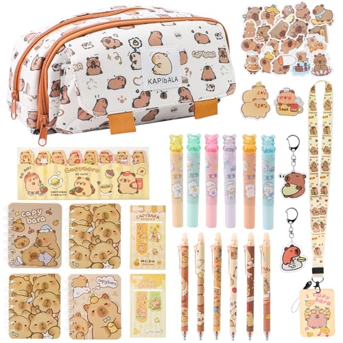 Capybara Federmäppchen mit Schreibwaren, 67-teiliges Notizbuch, Capybara-Schreibwaren-Set für Mädchen, Jungen, Kinder, blaue Gelstifte, Capybara-Aufkleber, niedliches Federmäppchen, Tier-Schreibwaren von LHOEST