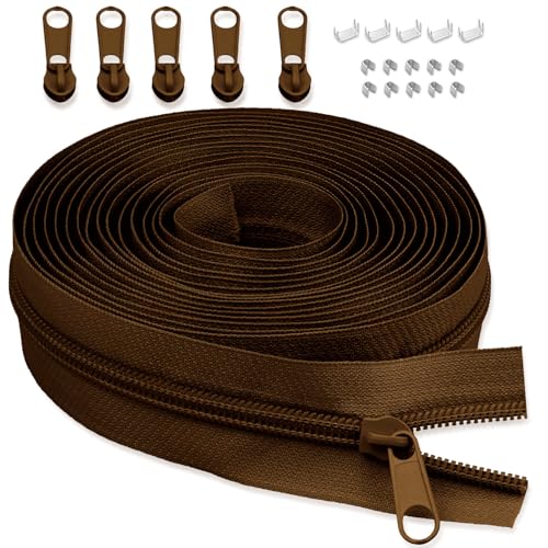 LHZHLE 5mm Endlosreißverschluss Mit Zipper: 3.65m Braun Nylon Reissverschluss - Meterware mit 5 Reißverschlusszügen für Nähen Bettwäsche und Kopfkissen von LHZHLE