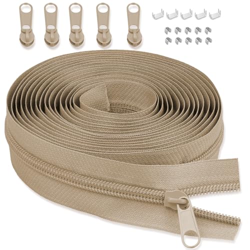 LHZHLE 5mm Endlosreißverschluss Mit Zipper: 3.65m Khaki Nylon Reissverschluss - Meterware mit 5 Reißverschlusszügen für Nähen Bettwäsche und Kopfkissen von LHZHLE
