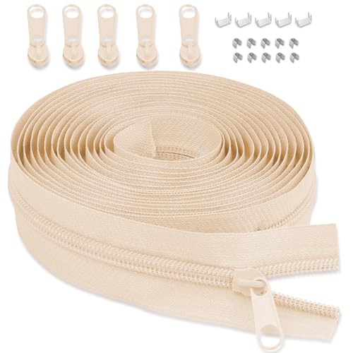LHZHLE Endlosreißverschluss Mit Zipper: 3.65m Nylon Reissverschluss - Meterware mit 5 Reißverschlusszügen für Nähen Bettwäsche und Kopfkissen (03 Beige, Reißverschluss 3mm) von LHZHLE