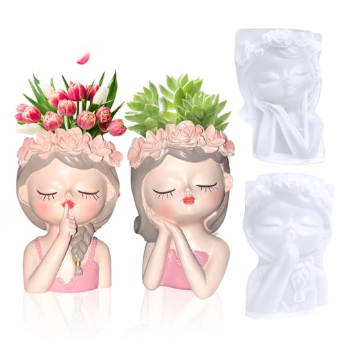 DMOYS 2 Stück 3D Mädchen Silikonformen Gießformen, Blumentopf Blumenmädchen Beton Gießform,DIY 3D Sukkulenten Pflanzgefäße Formen, Epoxidharz-Formen Silikonform Handwerk von LIAESMART
